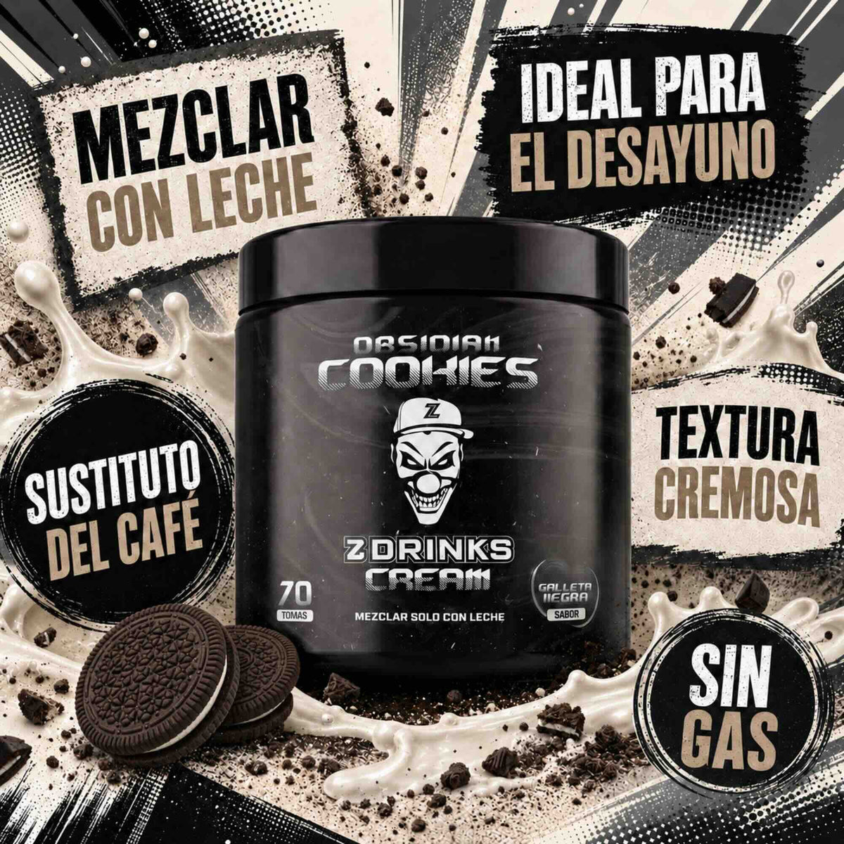 Z Drinks Cream Obsidian Cookies sabor galleta negra — batido preparado en vaso con leche, presentación lifestyle / Z Drinks Cream Obsidian Cookies dark cookie flavor — prepared shake in glass with milk, lifestyle presentation