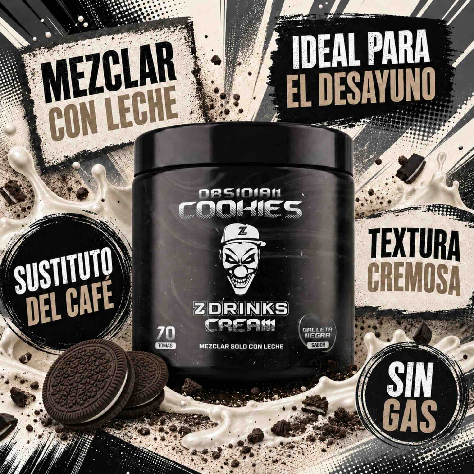 Z Drinks Cream Obsidian Cookies sabor galleta negra — batido preparado en vaso con leche, presentación lifestyle / Z Drinks Cream Obsidian Cookies dark cookie flavor — prepared shake in glass with milk, lifestyle presentation