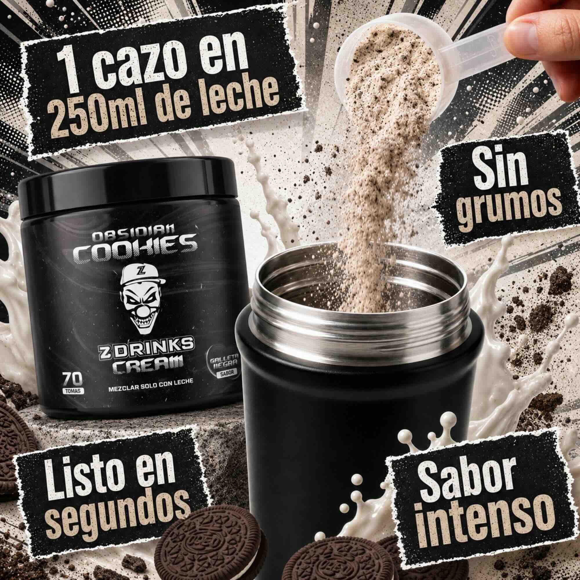 Z Drinks Cream Obsidian Cookies sabor galleta negra — batido energético en polvo vista trasera, ingredientes y tabla nutricional / Z Drinks Cream Obsidian Cookies dark cookie flavor — energy shake powder back view, ingredients and nutrition facts