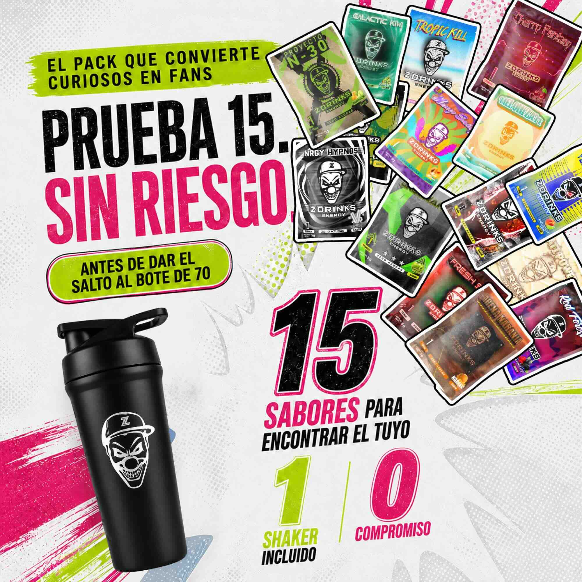 15 sabores + shaker. Pruébalos todos, quédate con tu favorito