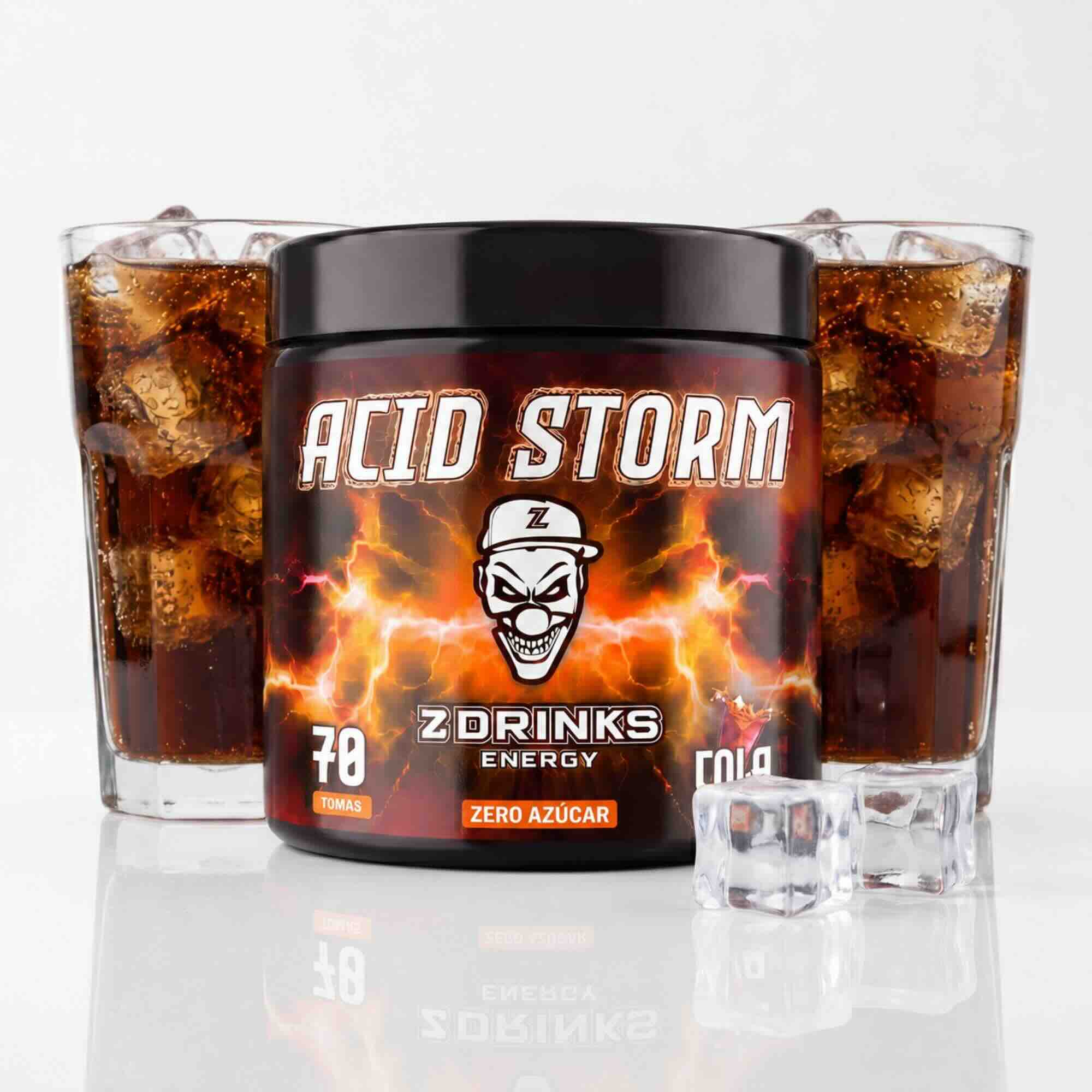 Z Drinks Energy Acid Storm sabor cola ácida — bote 70 tomas, 0 azúcar, 200mg cafeína / Z Drinks Energy Acid Storm sour cola flavor — 70-serving container, 0 sugar, 200mg caffeine