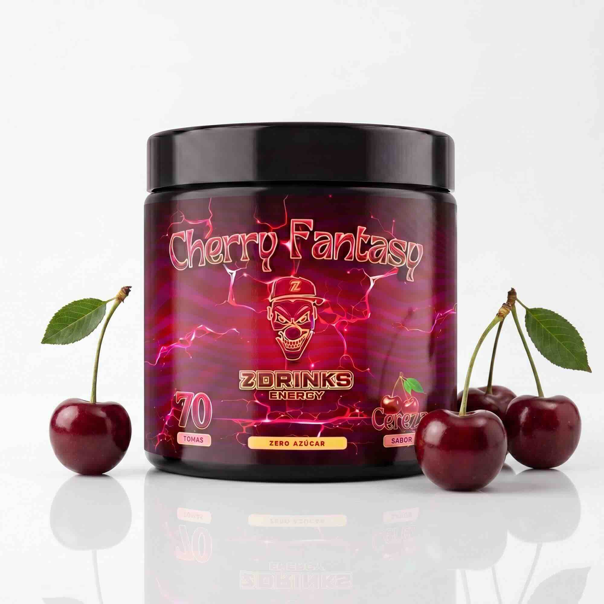 Z Drinks Energy Cherry Fantasy sabor piruleta y cereza — bote 70 tomas, 0 azúcar, 200mg cafeína / Z Drinks Energy Cherry Fantasy lollipop cherry flavor — 70-serving container, 0 sugar, 200mg caffeine