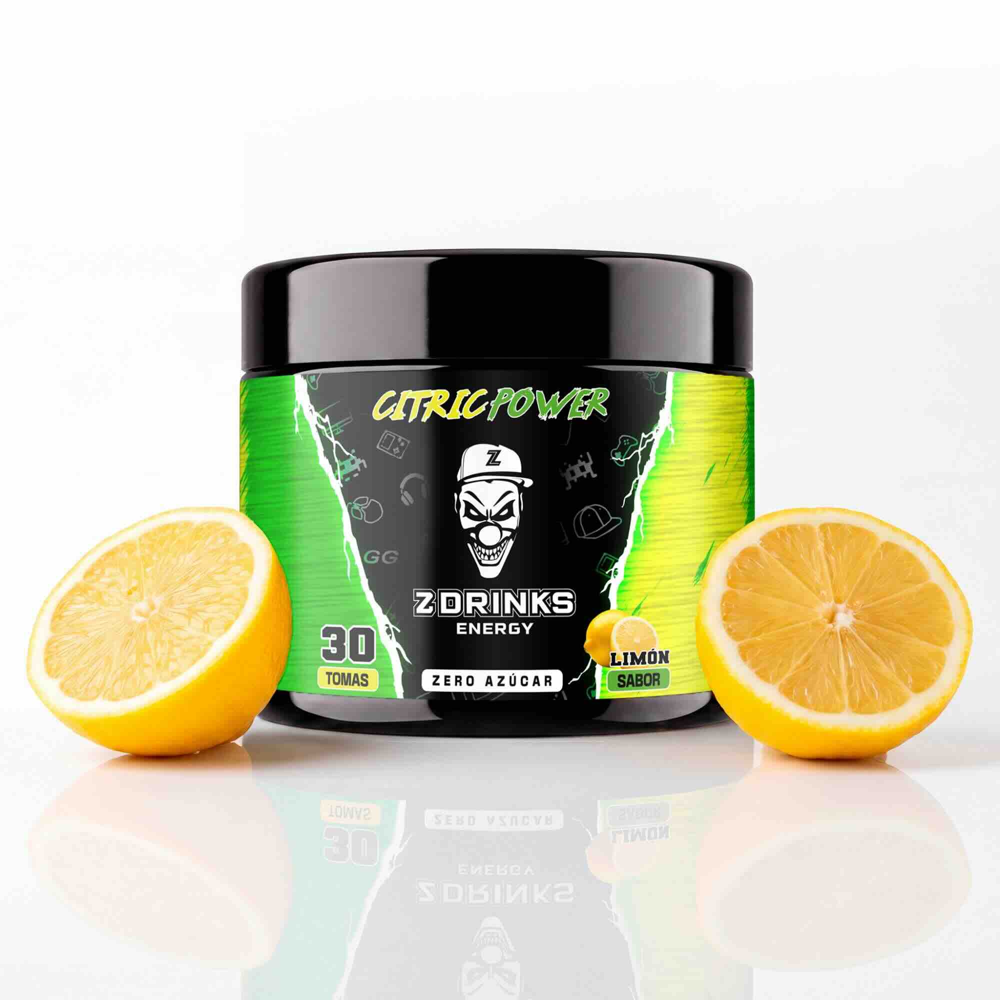 Z Drinks Energy Citric Power sabor limón — bote 30 tomas, 0 azúcar, 200mg cafeína, 5kcal / Z Drinks Energy Citric Power lemon flavor — 30-serving container, 0 sugar, 200mg caffeine, 5kcal