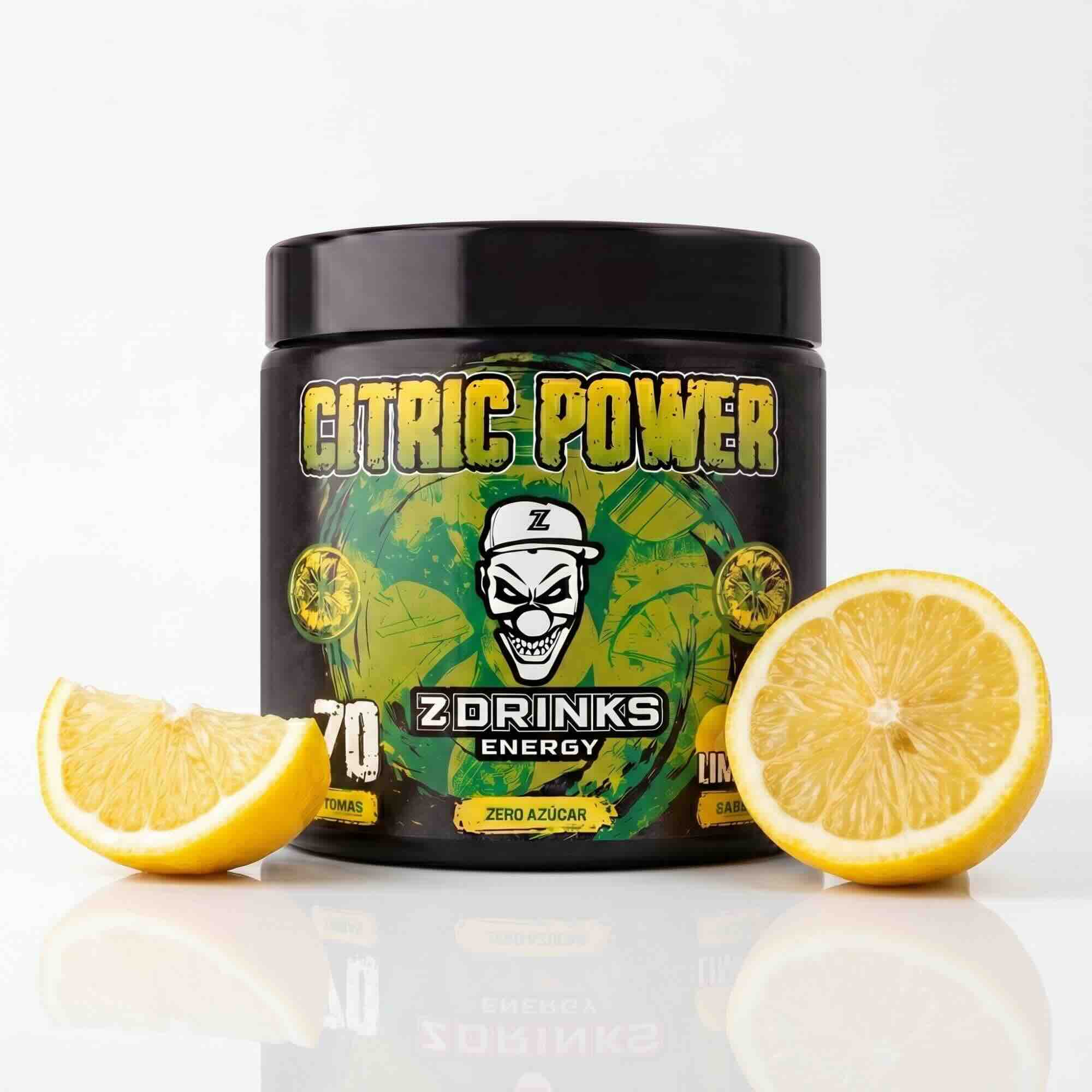Z Drinks Energy Citric Power sabor limón — bote 70 tomas, 0 azúcar, 200mg cafeína, 5kcal / Z Drinks Energy Citric Power lemon flavor — 70-serving container, 0 sugar, 200mg caffeine, 5kcal