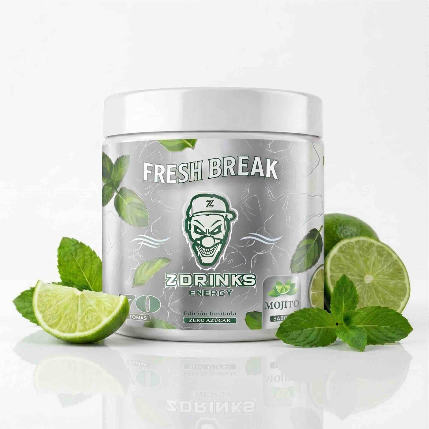 Z Drinks Energy Fresh Break sabor sandía menta — bote 70 tomas, 0 azúcar, 200mg cafeína, 5kcal / Z Drinks Energy Fresh Break watermelon mint flavor — 70-serving container, 0 sugar, 200mg caffeine, 5kcal