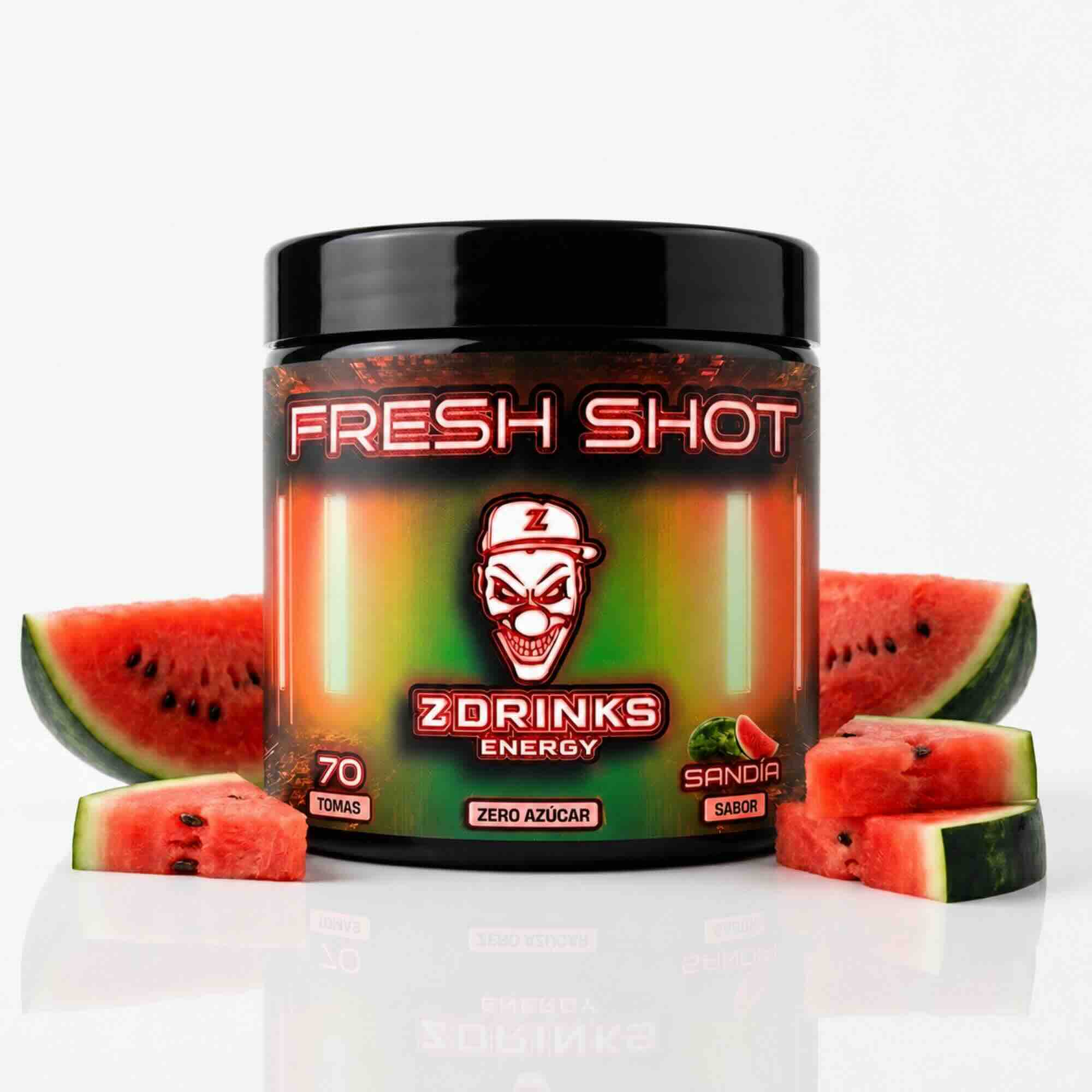 Z Drinks Energy Fresh Shot sabor sandía — bote 70 tomas, 0 azúcar, 200mg cafeína, 5kcal / Z Drinks Energy Fresh Shot watermelon flavor — 70-serving container, 0 sugar, 200mg caffeine, 5kcal