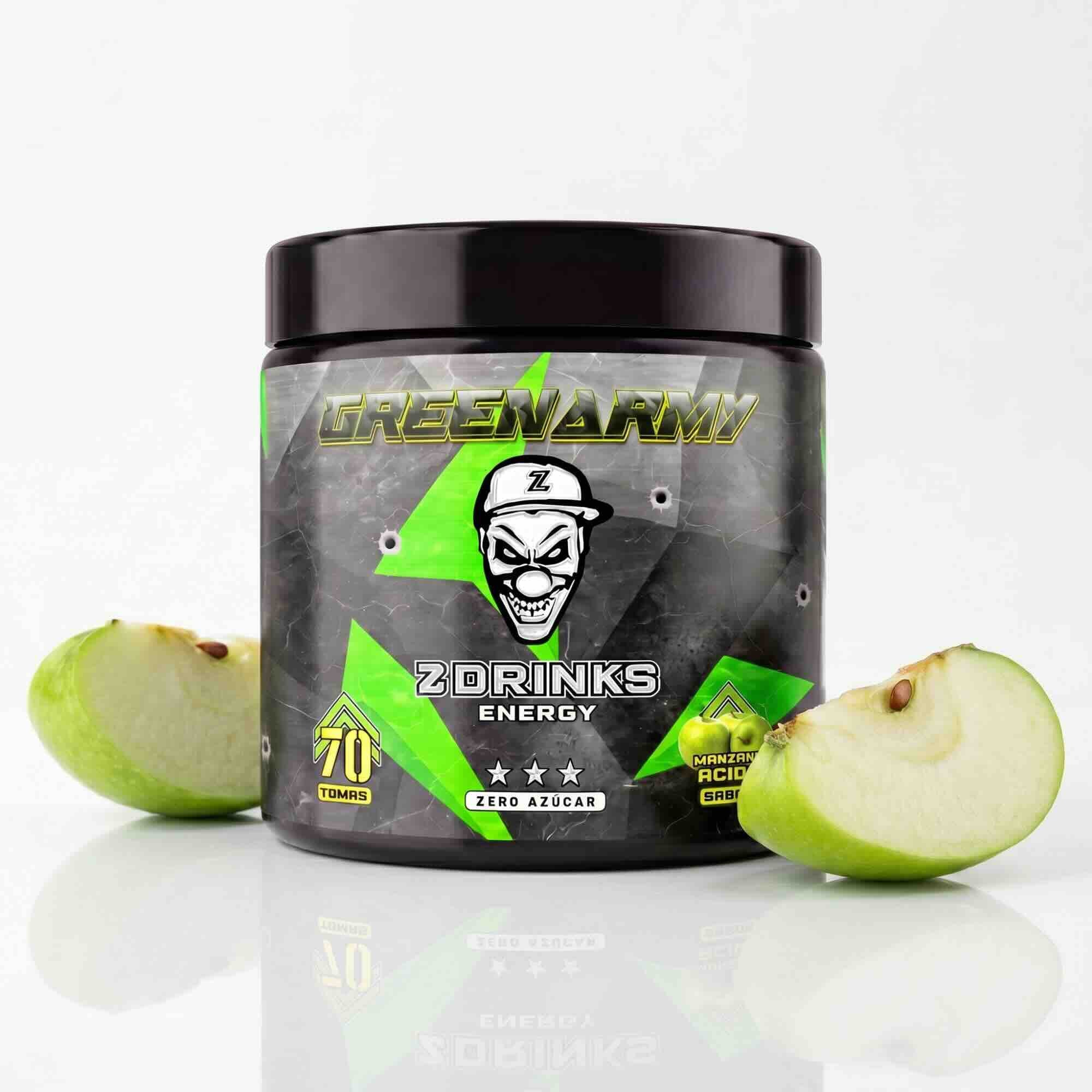 Z Drinks Energy Green Poison sabor manzana verde — bote 70 tomas, 0 azúcar, 200mg cafeína, 5kcal / Z Drinks Energy Green Poison green apple flavor — 70-serving container, 0 sugar, 200mg caffeine, 5kcal