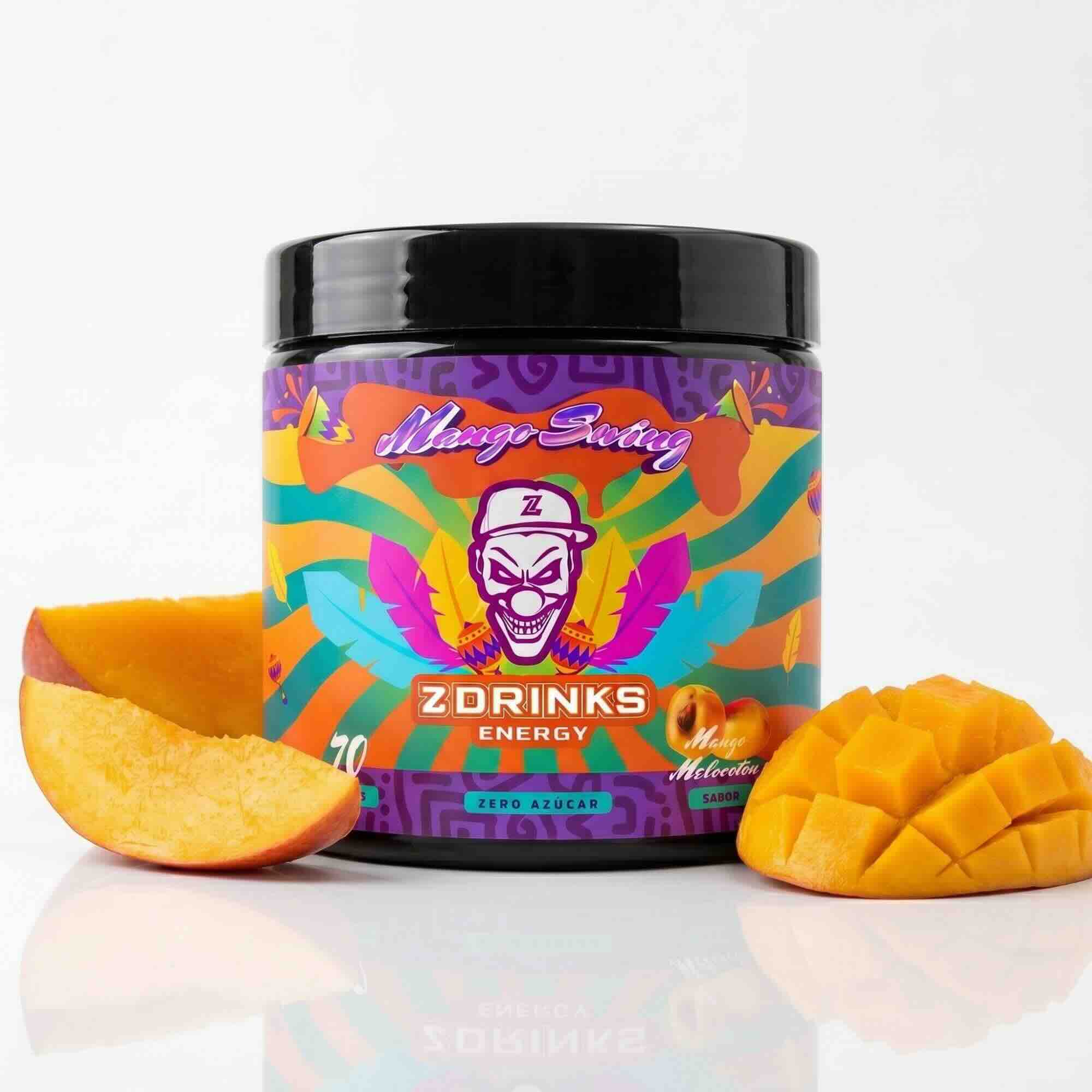 Z Drinks Energy Mango Swing sabor melocotón y mango — bote 70 tomas, 0 azúcar, 200mg cafeína / Z Drinks Energy Mango Swing peach mango flavor — 70-serving container, 0 sugar, 200mg caffeine