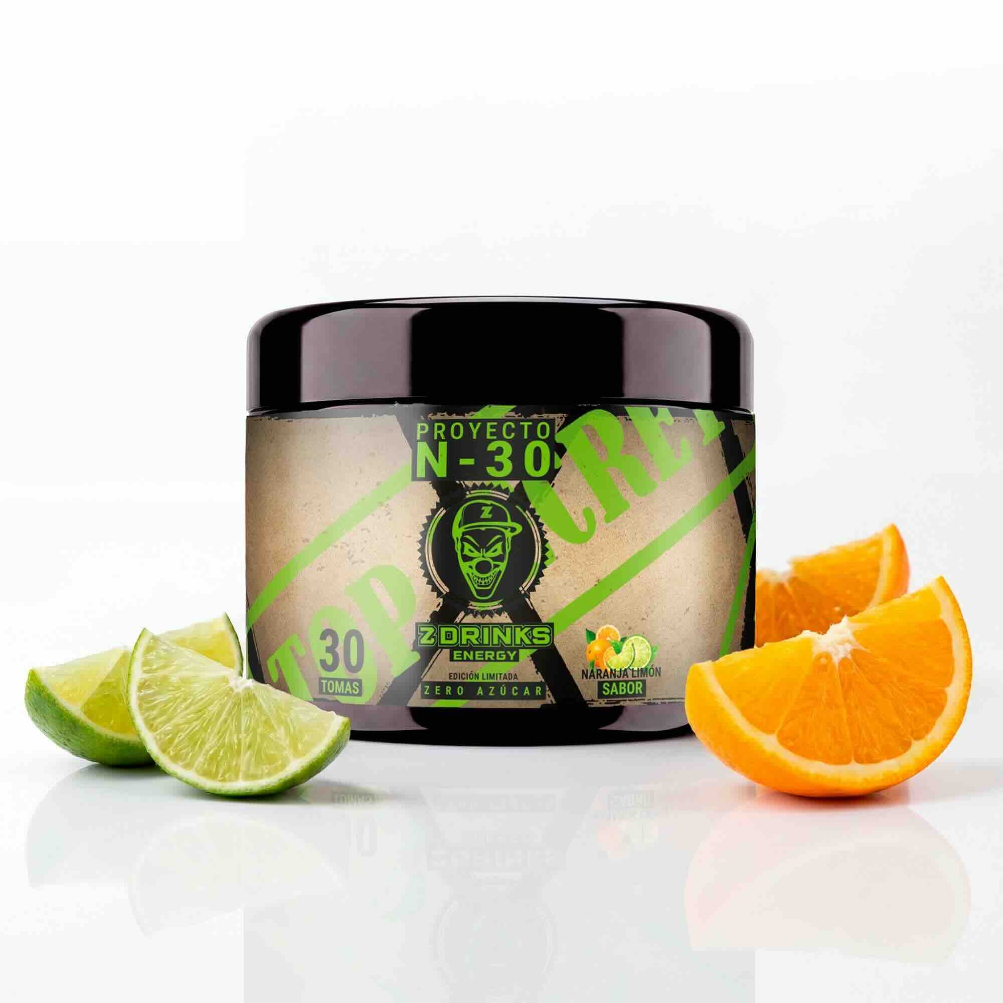 Z Drinks Energy Proyecto N-30 sabor naranja y limón — bote 30 tomas, 0 azúcar, 200mg cafeína / Z Drinks Energy Proyecto N-30 orange lemon flavor — 30-serving container, 0 sugar, 200mg caffeine