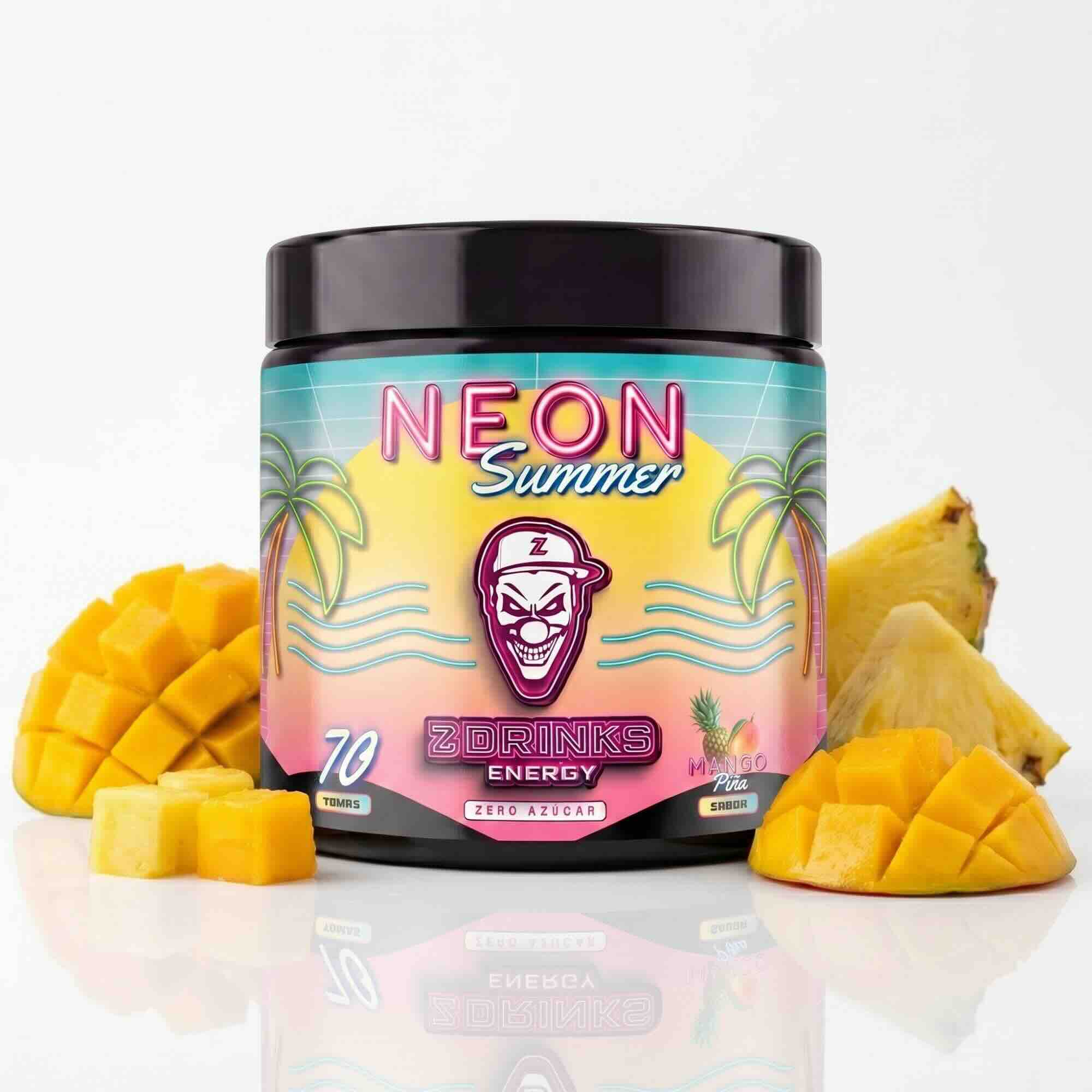 Z Drinks Energy Neon Boom sabor néon tropical — bote 70 tomas, 0 azúcar, 200mg cafeína, energía inteligente al precio justo / Z Drinks Energy Neon Boom neon tropical flavor — 70-serving container, 0 sugar, 200mg caffeine, smart energy at the right price