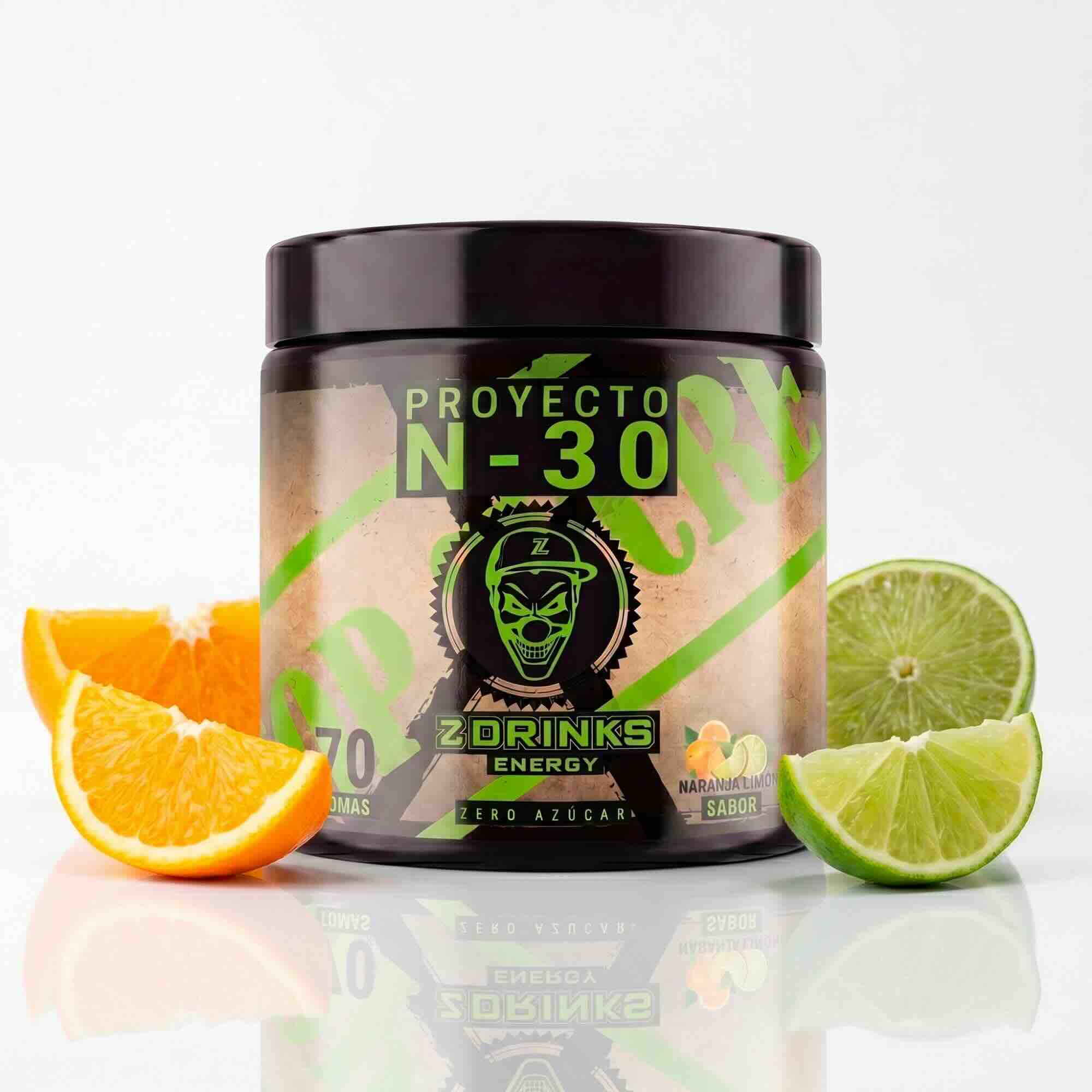 Z Drinks Energy Proyecto N-30 sabor naranja y limón — bote 70 tomas, 0 azúcar, 200mg cafeína / Z Drinks Energy Proyecto N-30 orange lemon flavor — 70-serving container, 0 sugar, 200mg caffeine
