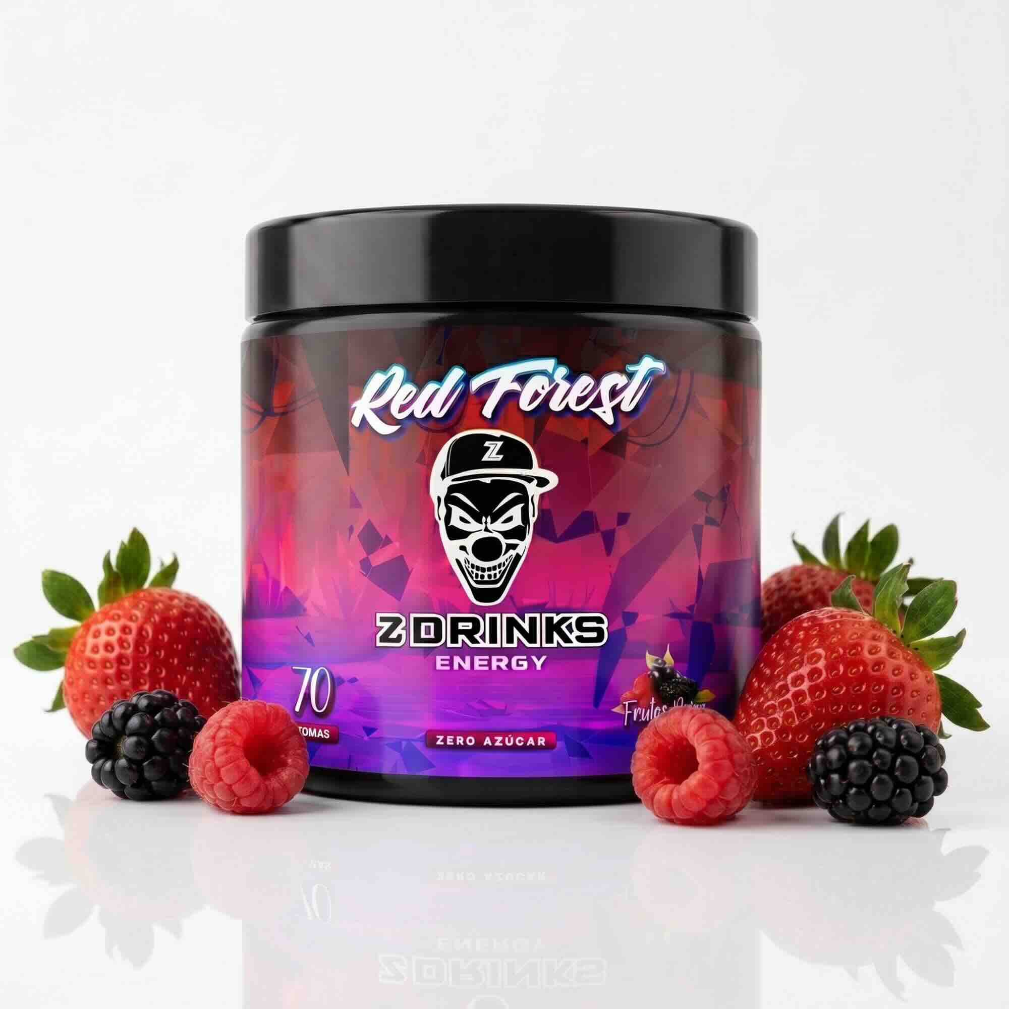 Z Drinks Energy Red Forest sabor frutos rojos — bote 70 tomas, 0 azúcar, 200mg cafeína, 5kcal / Z Drinks Energy Red Forest red berries flavor — 70-serving container, 0 sugar, 200mg caffeine, 5kcal