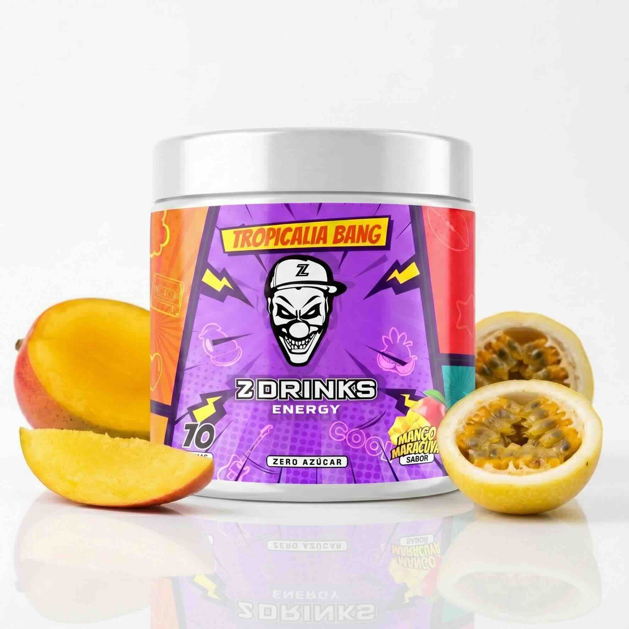 Z Drinks Energy Tropicalia Bang sabor mango maracuyá — bote 70 tomas, 0 azúcar, 200mg cafeína / Z Drinks Energy Tropicalia Bang mango passion fruit flavor — 70-serving container, 0 sugar, 200mg caffeine