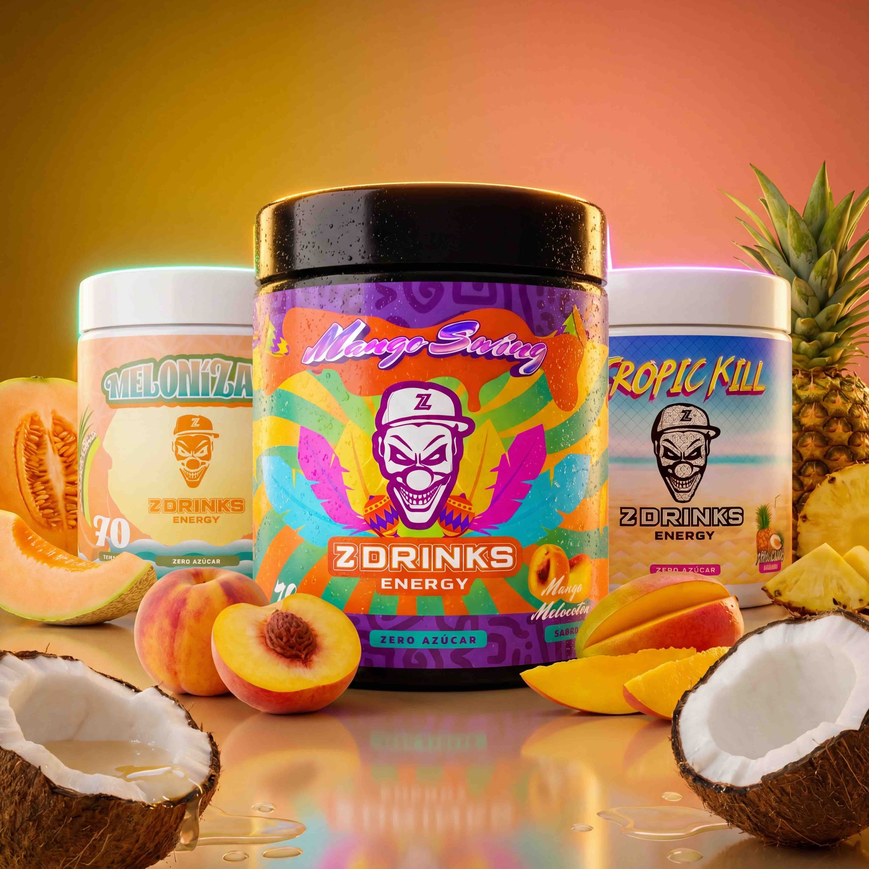 Z Drinks imagen lifestyle — 3 botes Energy en fila, variedad de sabores, 70 tomas cada uno / Z Drinks lifestyle image — 3 Energy tubs in a row, variety of flavors, 70 servings each