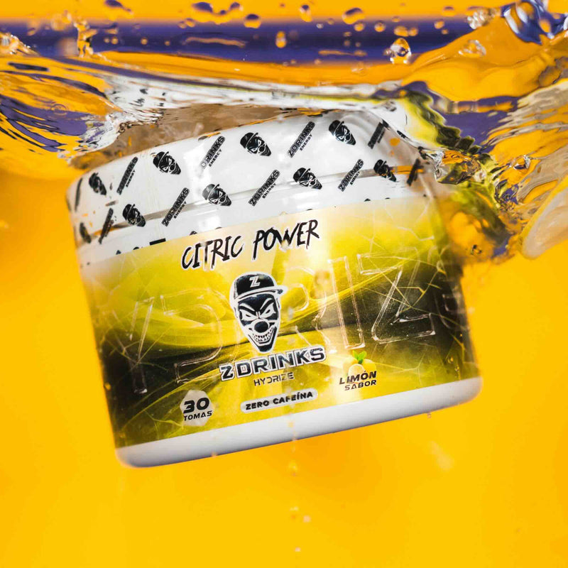 Z Drinks Hydrize limón — imagen lifestyle, bebida isotónica preparada, 0 cafeína, electrolitos y vitaminas / Z Drinks Hydrize lemon — lifestyle image, prepared isotonic drink, 0 caffeine, electrolytes and vitamins