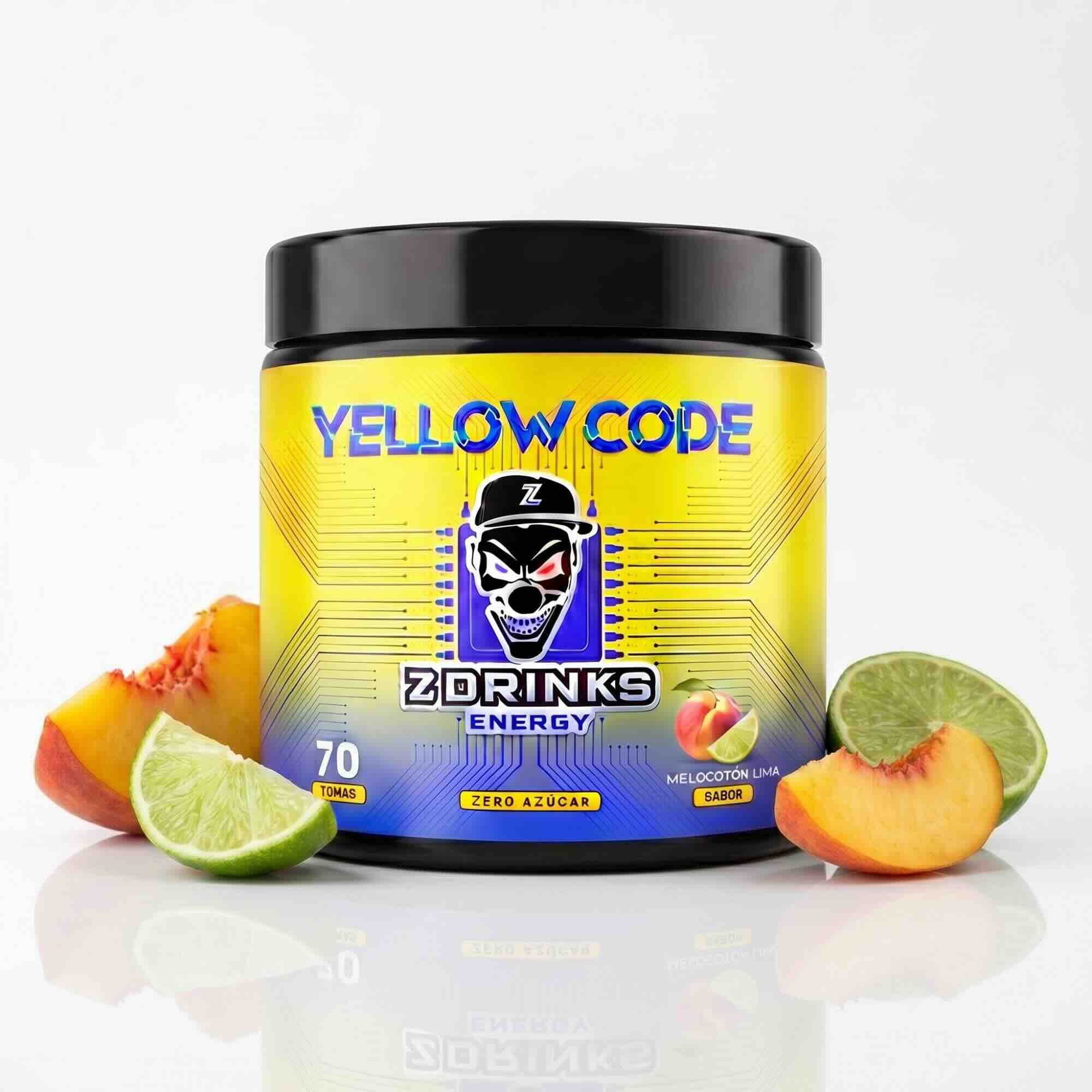 Z Drinks Energy Yellow Code sabor melocotón y lima — bote 70 tomas, 0 azúcar, 200mg cafeína / Z Drinks Energy Yellow Code peach lime flavor — 70-serving container, 0 sugar, 200mg caffeine