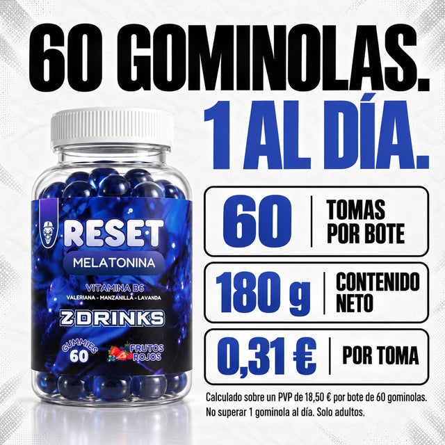 Z Drinks Reset: 60 tomas, contenido neto 180 g y precio por toma.