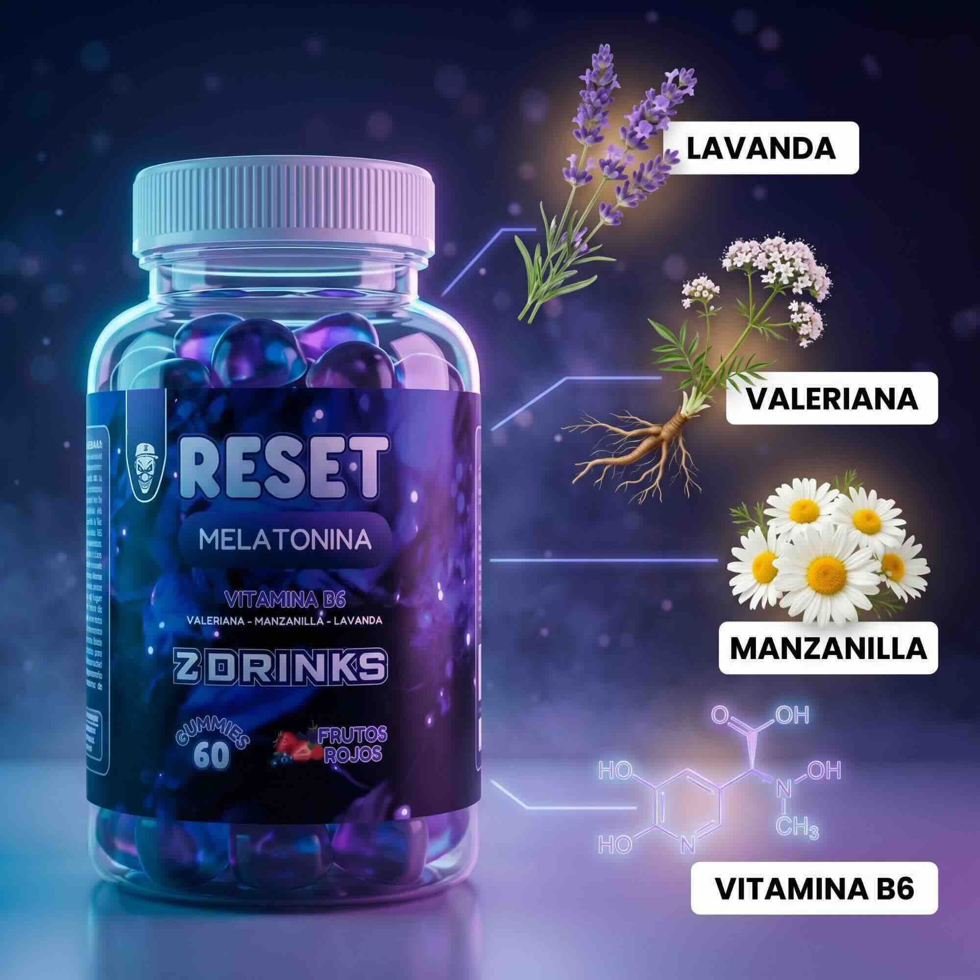 Z Drinks Reset — ingredientes naturales: lavanda, valeriana, manzanilla y vitamina B6 para un descanso reparador profundo / Z Drinks Reset — natural ingredients: lavender, valerian, chamomile and vitamin B6 for deep restful sleep