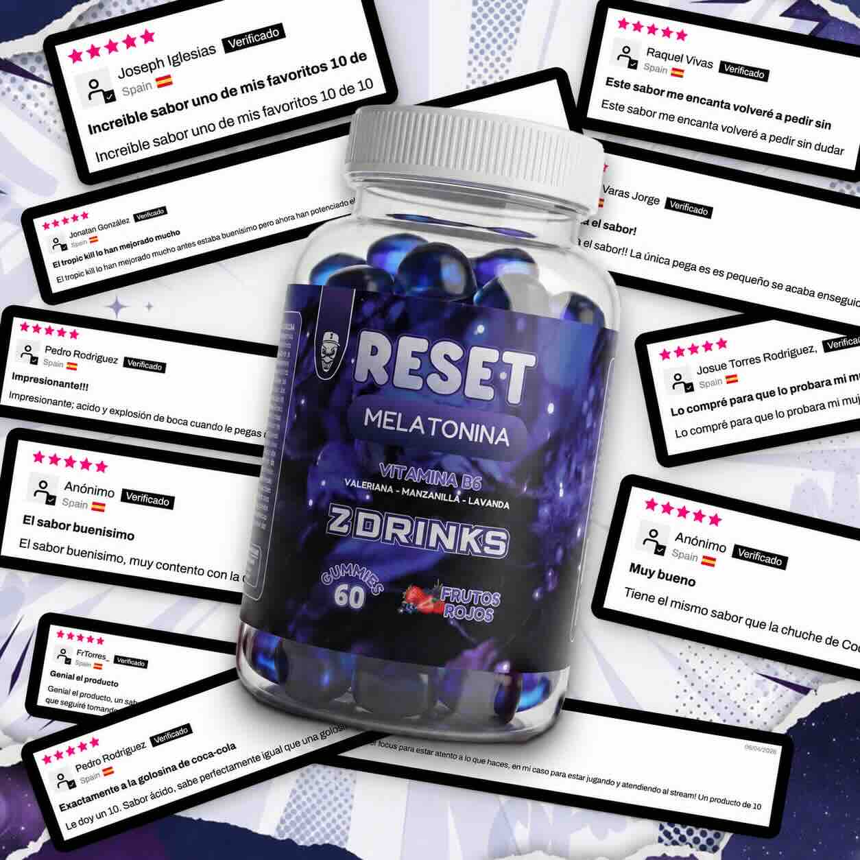 Reseñas verificadas Z Drinks Reset — clientes que han mejorado su descanso con melatonina natural, media 4.8 estrellas / Z Drinks Reset verified reviews — customers who improved their sleep with natural melatonin, 4.8 star average
