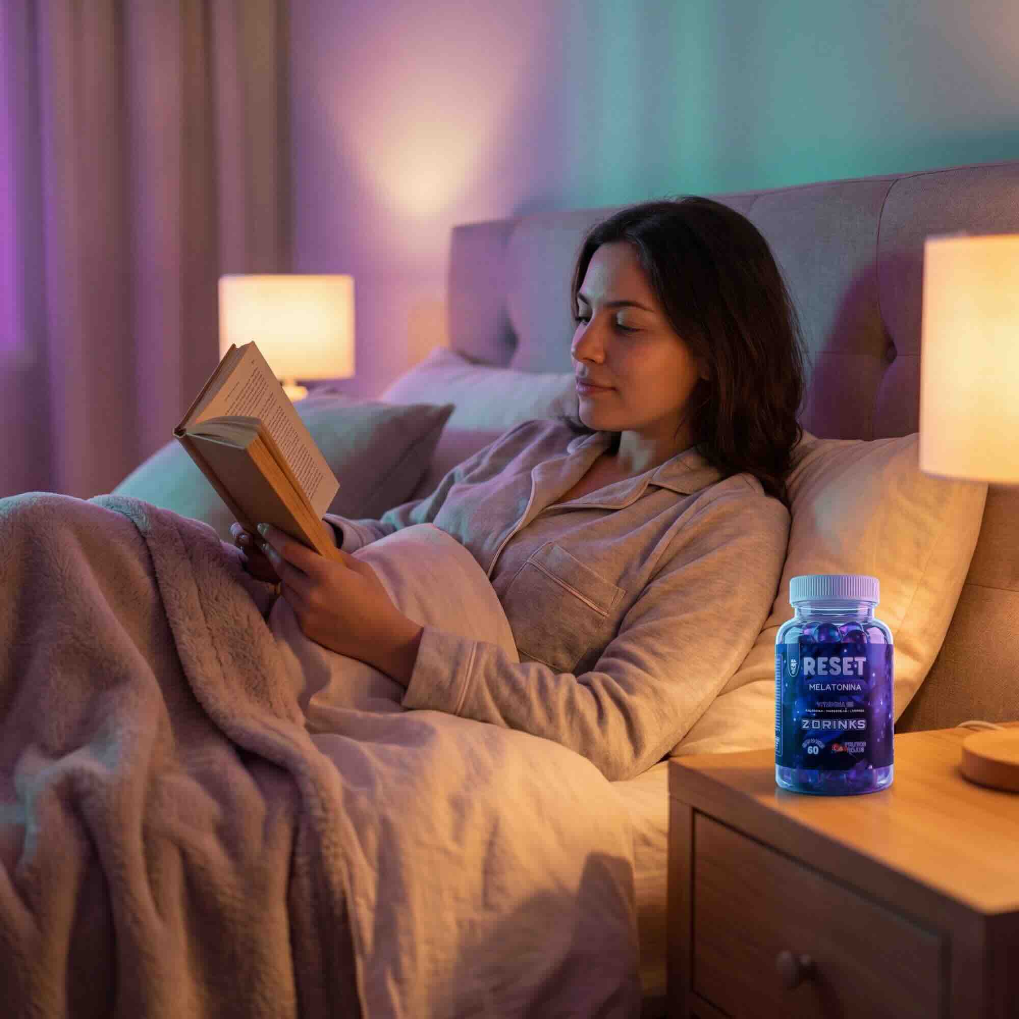 Z Drinks Reset toma 2 — gominola de melatonina en mano, 1mg por unidad, sabor frutos rojos / Z Drinks Reset serving 2 — melatonin gummy in hand, 1mg per unit, red berry flavor
