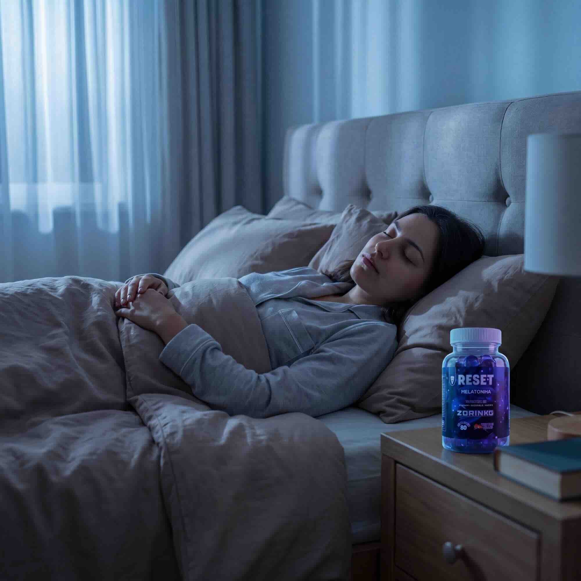 Z Drinks Reset toma 3 — gominolas de melatonina con ingredientes naturales visibles, valeriana y lavanda / Z Drinks Reset serving 3 — melatonin gummies with visible natural ingredients, valerian and lavender