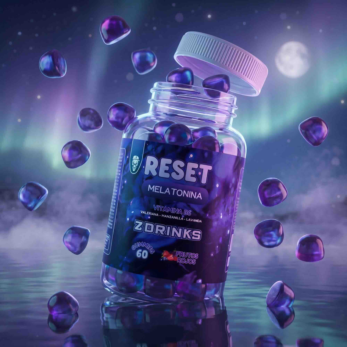 Z Drinks Reset bote de gominolas — imagen de colección con melatonina, valeriana, manzanilla y lavanda para el descanso / Z Drinks Reset gummy jar — collection image with melatonin, valerian, chamomile and lavender for rest