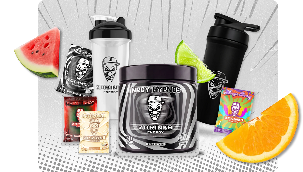 Z Drinks: bote NRGY Hypnos, shakers Infinity e INOX y muestras NRGY Hypnos, Fresh Shot, Nati Power y Mango Swing, con frutas fuera del marco.