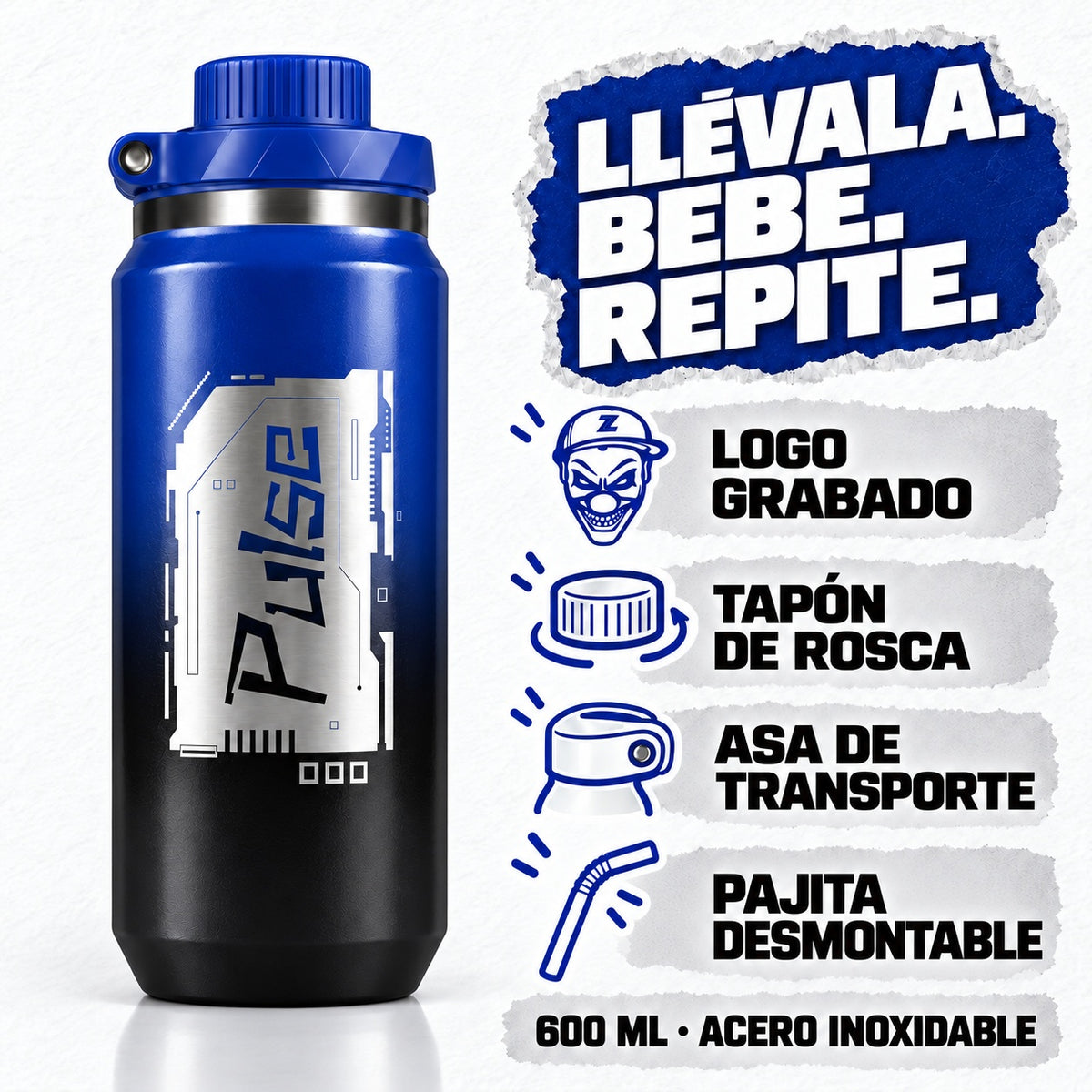Botella térmica Z Drinks Pulse — tapón, asa y pajita desmontable