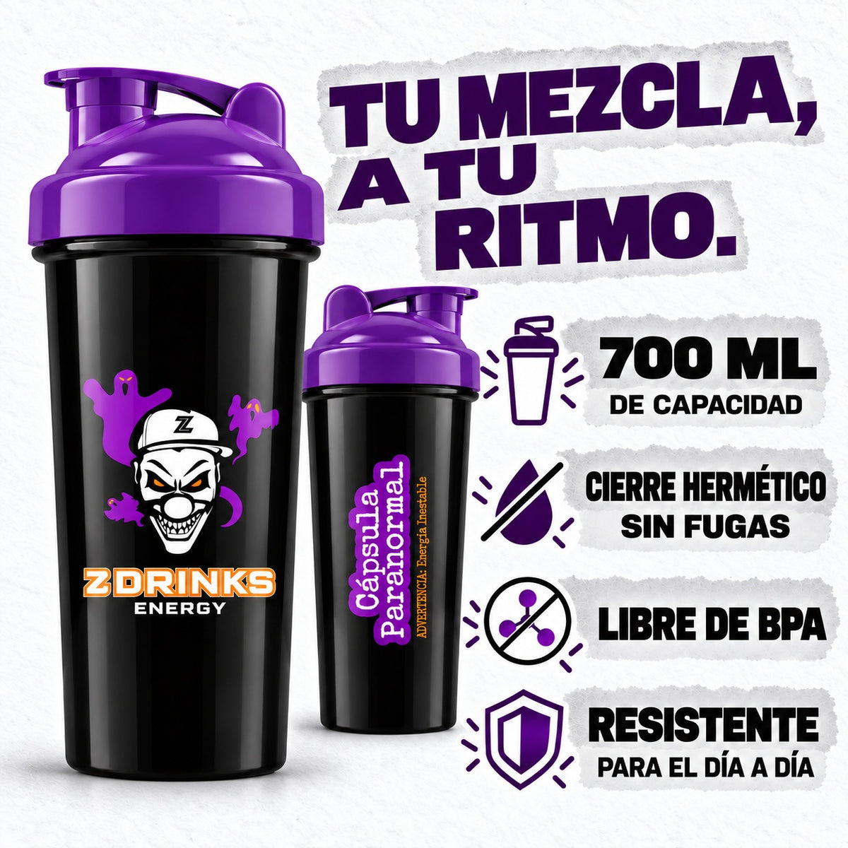 Shaker Cápsula Paranormal — capacidad de 700 ml, cierre hermético, sin BPA y resistente