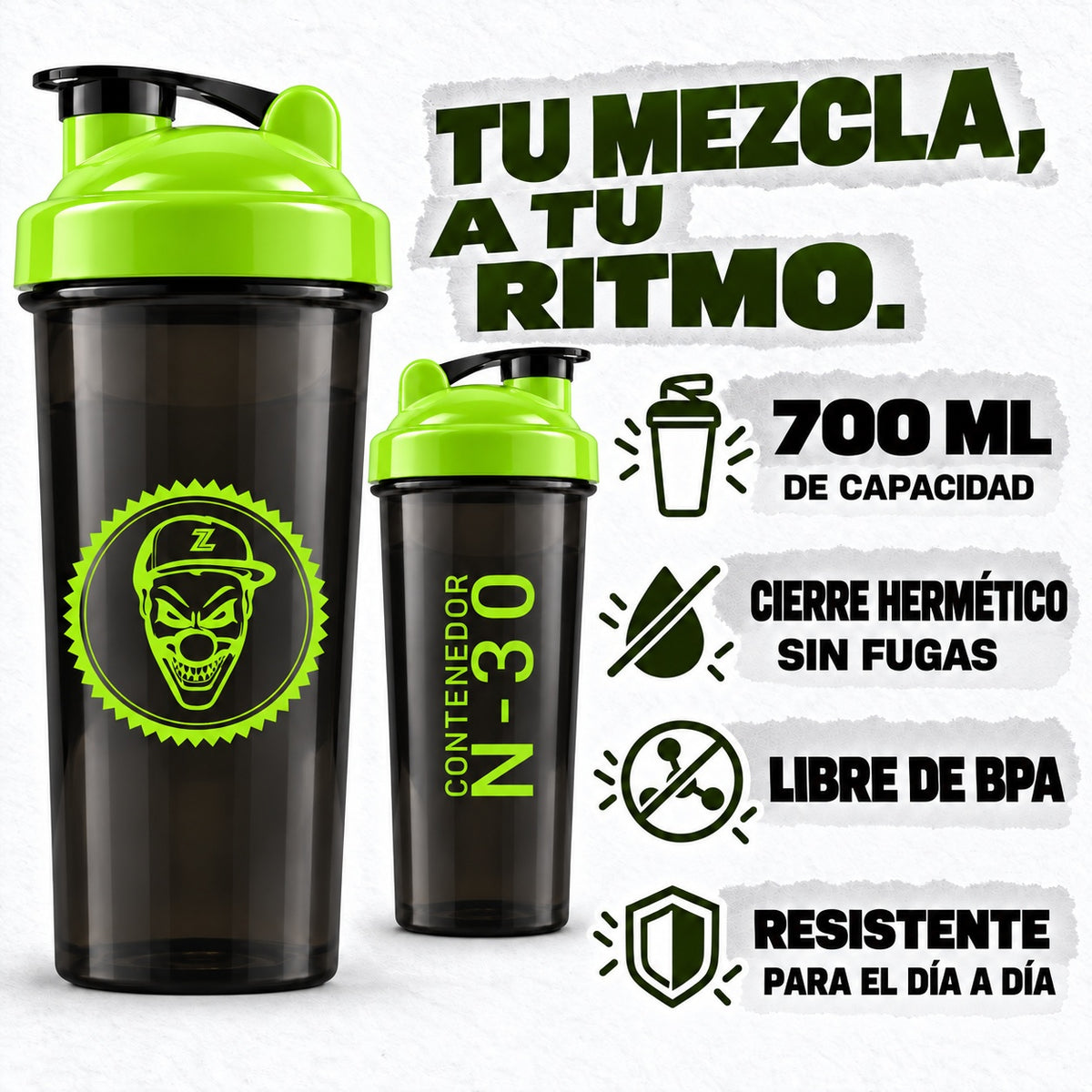 Shaker Contenedor N-30 — capacidad de 700 ml, cierre hermético, sin BPA y resistente