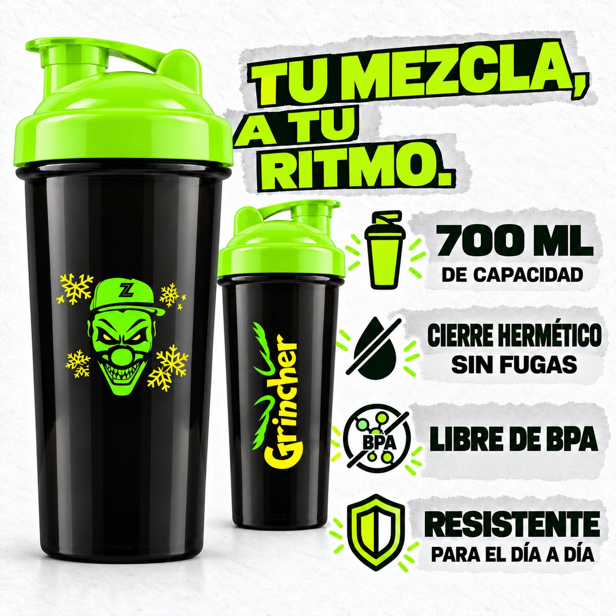Shaker GRINCHER — capacidad de 700 ml, cierre hermético, sin BPA y resistente